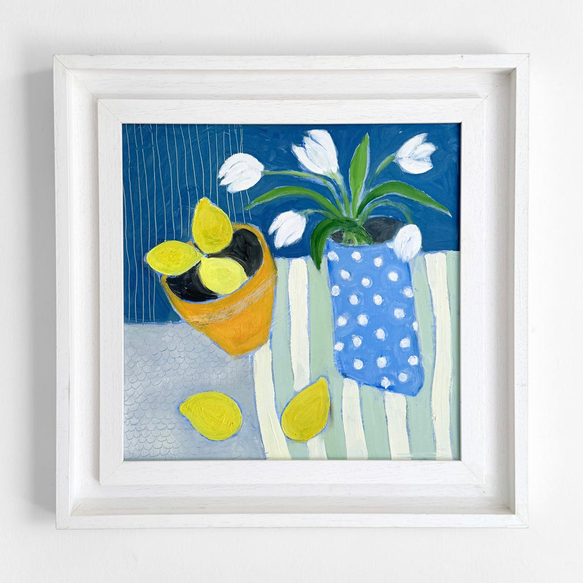 Still Life Painting of White Tulips in Spotted Jug