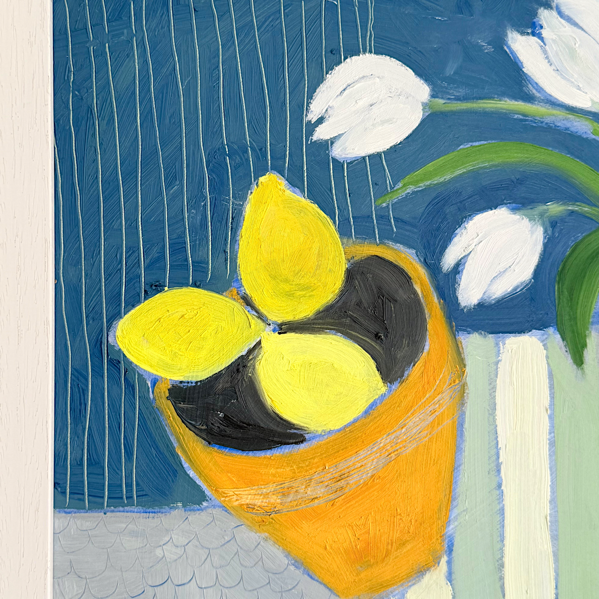 Still Life Painting of White Tulips in Spotted Jug
