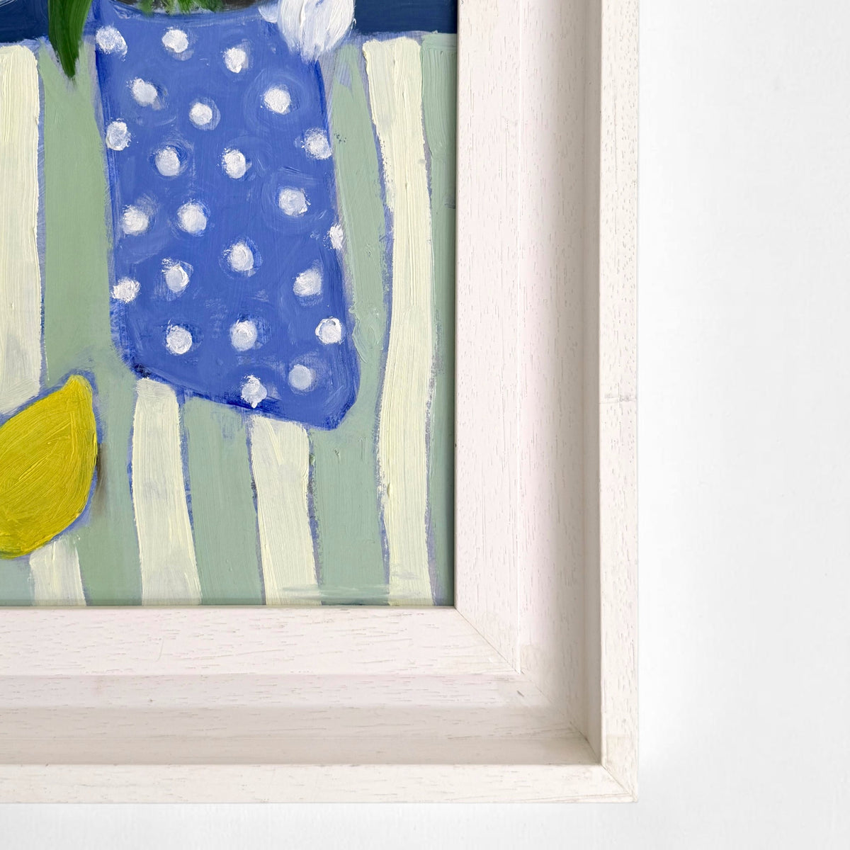 Still Life Painting of White Tulips in Spotted Jug