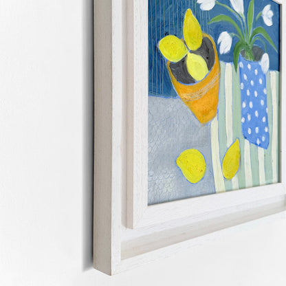 Still Life Painting of White Tulips in Spotted Jug