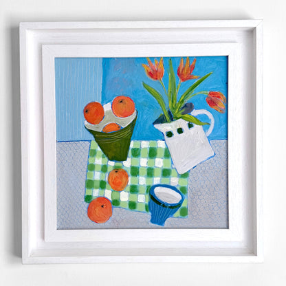 Still Life Painting of Orange Tulips and Tangerines