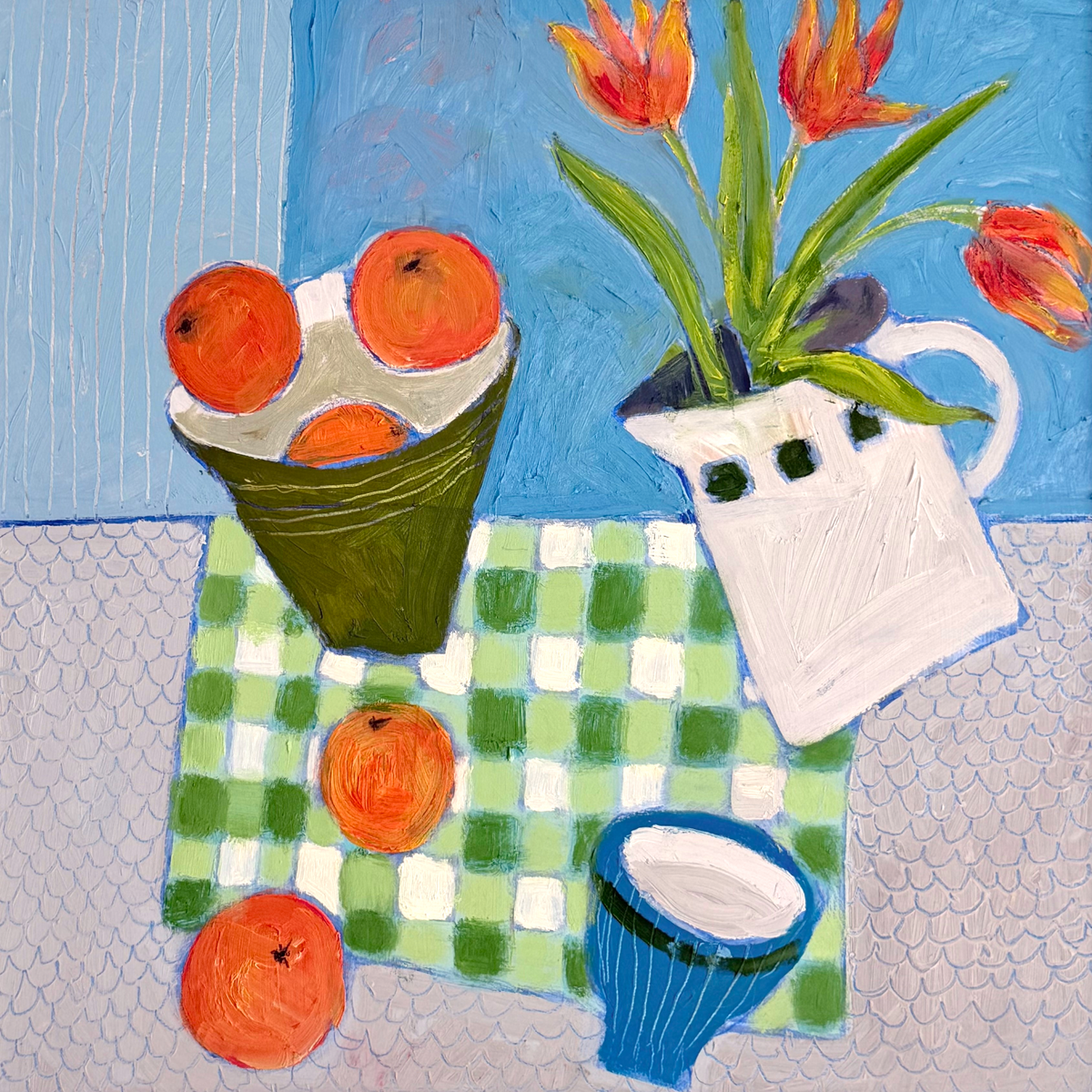 Still Life Painting of Orange Tulips and Tangerines