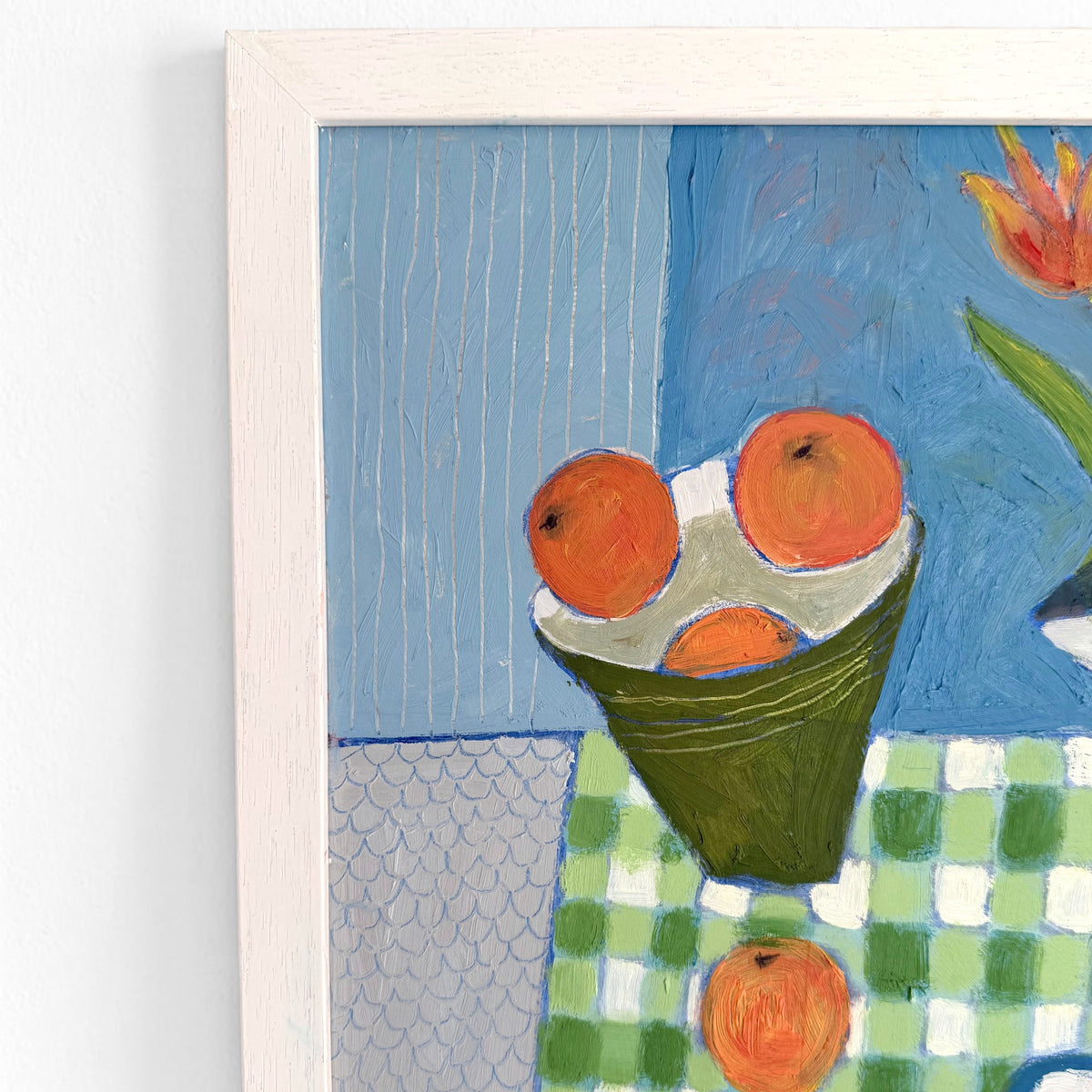 Still Life Painting of Orange Tulips and Tangerines