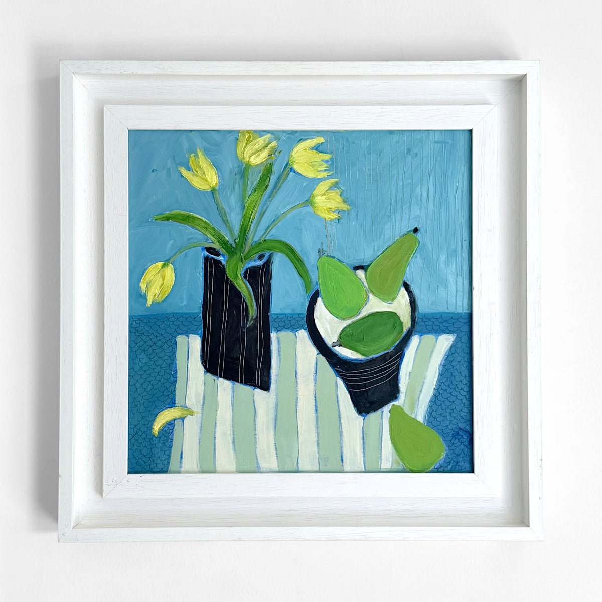 Still Life Painting of Yellow Tulips with Pears