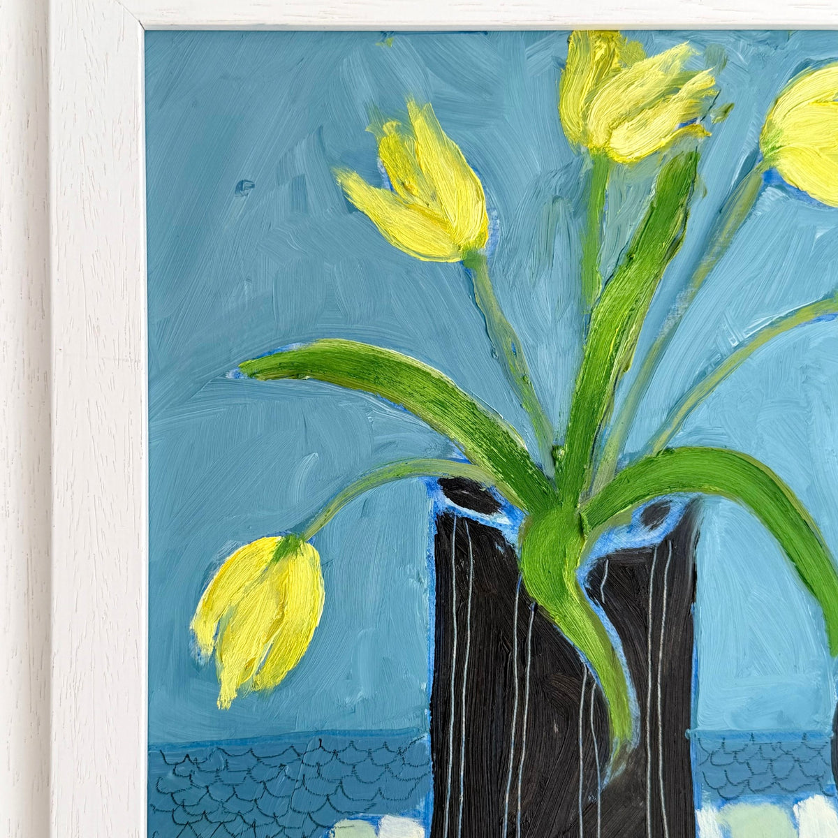 Still Life Painting of Yellow Tulips with Pears
