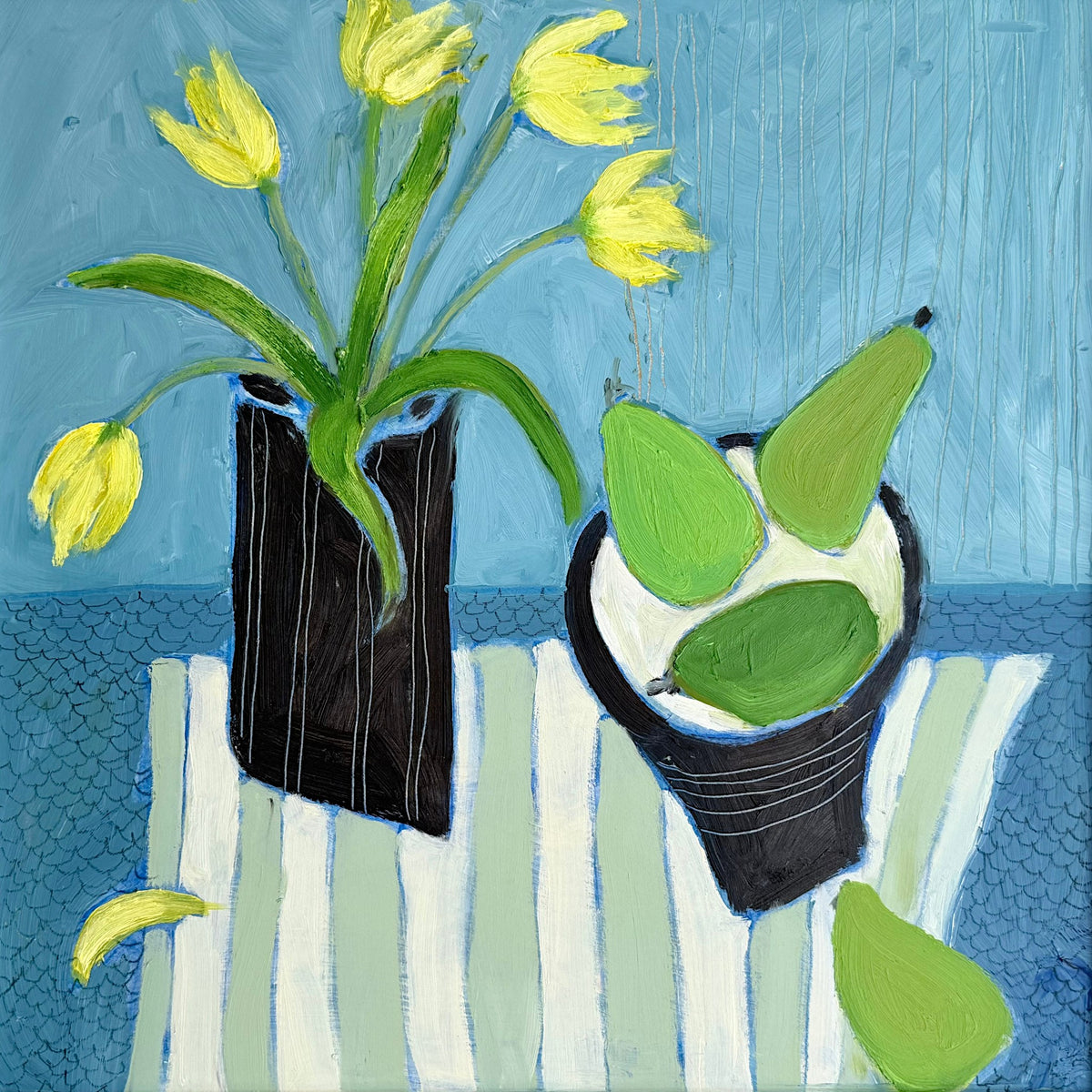 Still Life Painting of Yellow Tulips with Pears