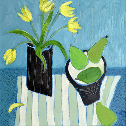 Still Life Painting of Yellow Tulips with Pears