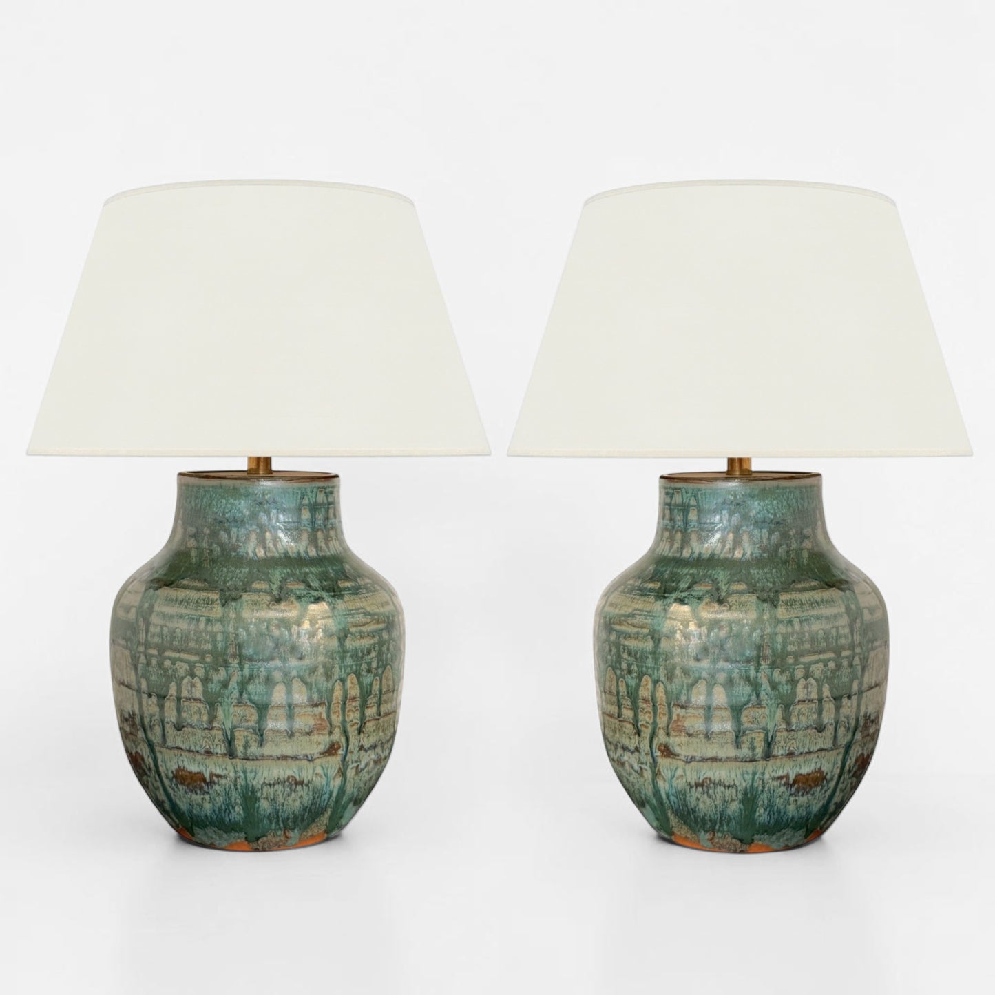 Pair of Green Drip Glazed Table Lamps