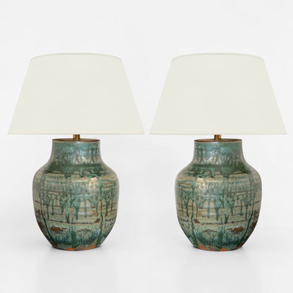 Pair of Green Drip Glazed Table Lamps