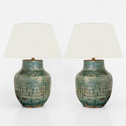 Pair of Green Drip Glazed Table Lamps