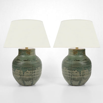 Pair of Green Drip Glazed Table Lamps