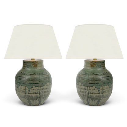 Pair of Green Drip Glazed Table Lamps