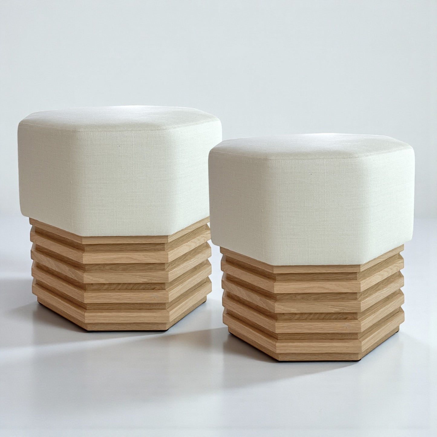 Pair of Octagonal Upholstered Light Oak Stools