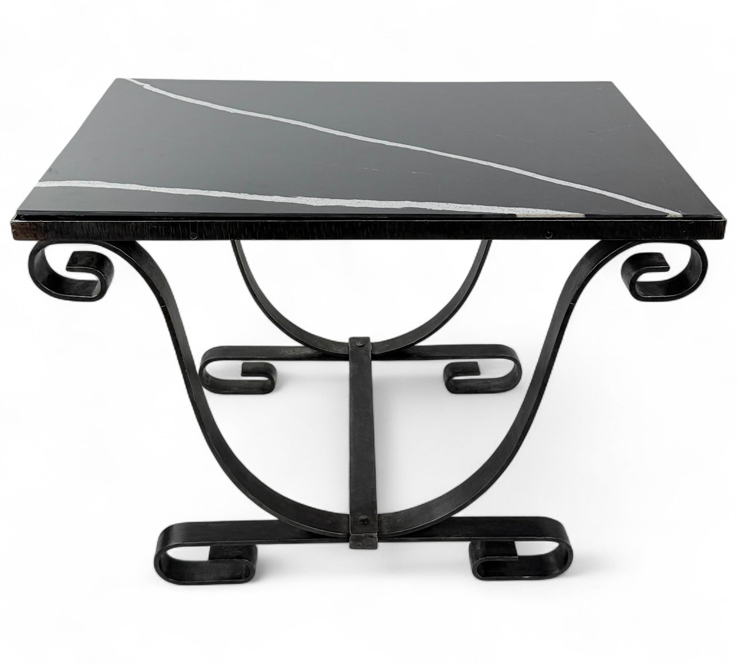 Iron Scroll Form Side Table with Black Marble Top