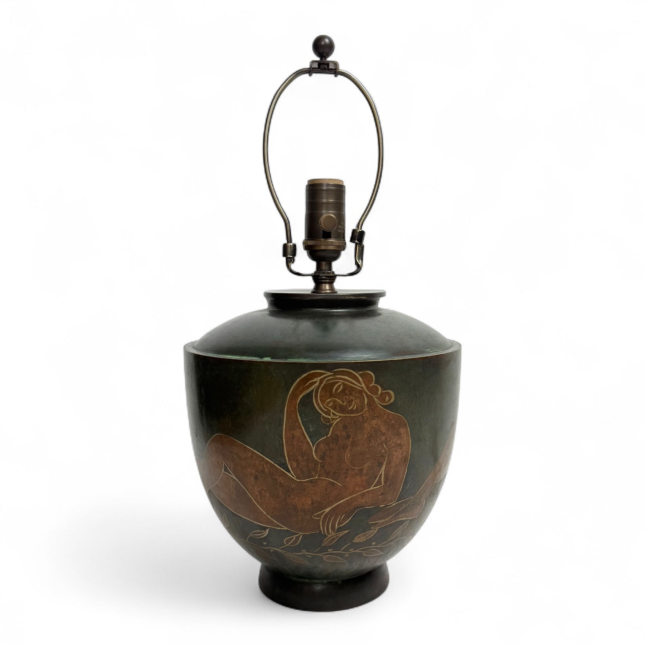 Patinated Metal Table Lamp with Handpainted Women