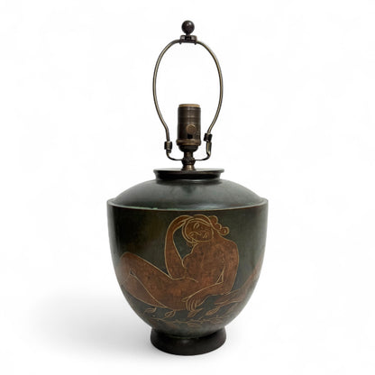 Patinated Metal Table Lamp with Handpainted Women