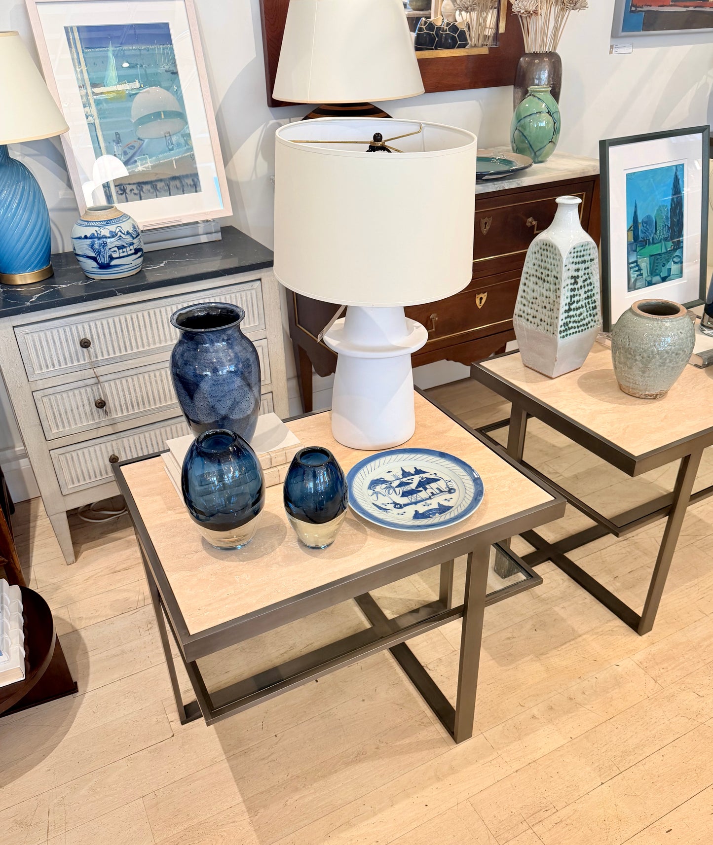 Set of Two Molded Blue Glass Vases