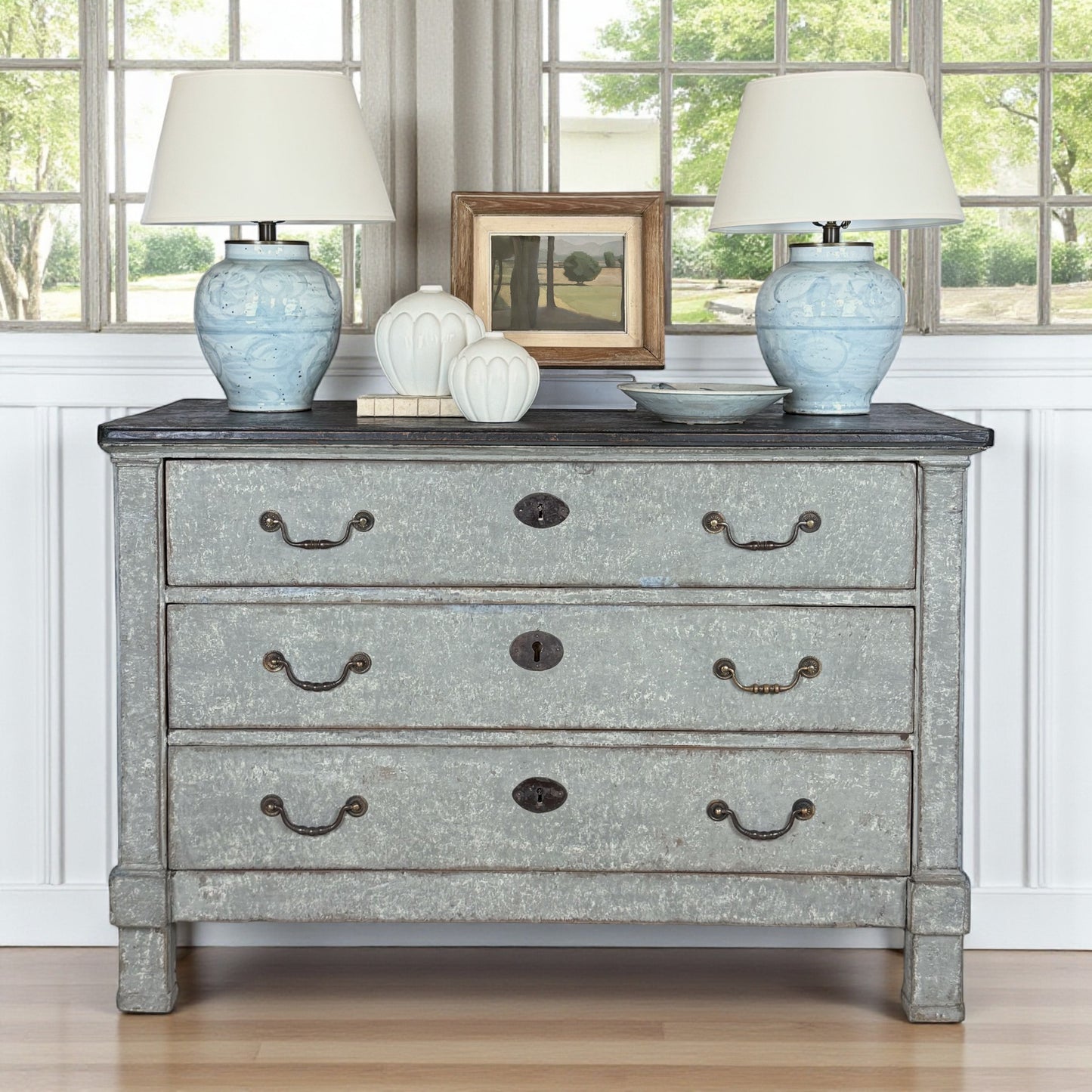 Painted Gray/Blue Three Drawer Commode