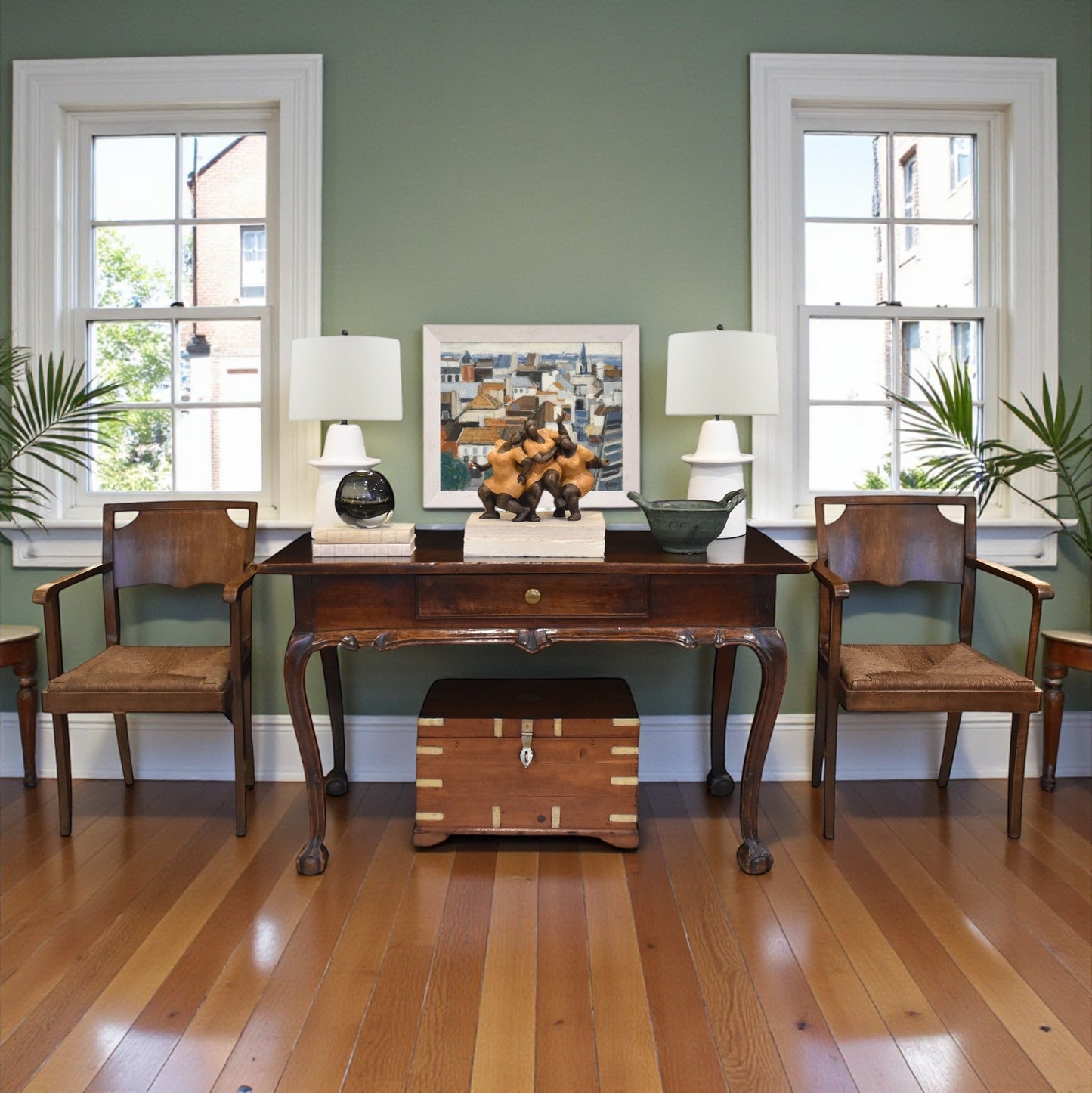 Pair of Oak Armchairs with Rush Seats