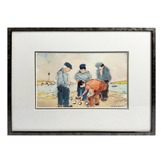 French Watercolor and Ink Painting of Bocce Players