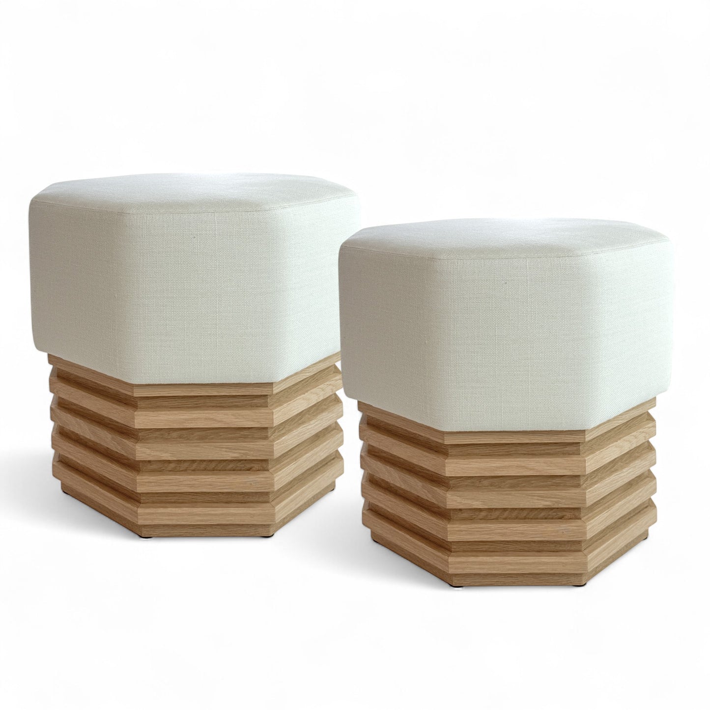 Pair of Octagonal Upholstered Light Oak Stools