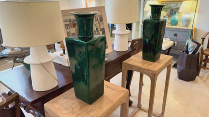 Pair of Tall Square Emerald Green Vases