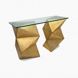 Gilt Wood Geometric Abstract Console Table with Glass Top