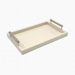 Ivory Lacquered Tray with Chrome and Woven Leather Handles