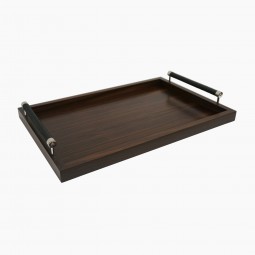 Macassar Ebony Tray with Chrome and Woven Black Leather Handles