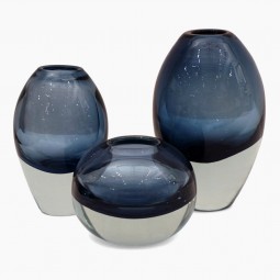Set of 3 Molded Blue Glass Vases