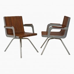 Pair of Italian Teak and Steel Arm Chairs