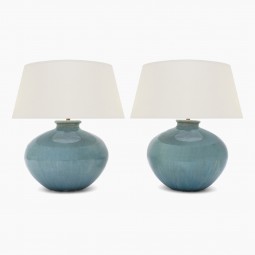 Pair of Large Blue/Green Wash Stoneware Lamps