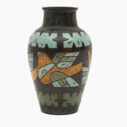 Large Multicolored Figural Stoneware Vase