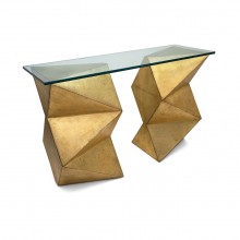 Gilt Wood Geometric Abstract Console Table with Glass Top