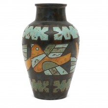 Large Multicolored Figural Stoneware Vase