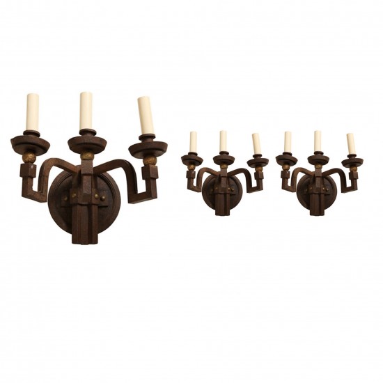 Iron Triple Light Sconces with Gilded Detail