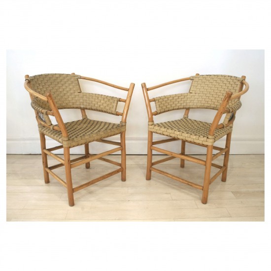 Pair of Bamboo and Woven Leather Arm Chairs