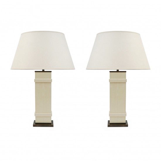 Pair of Ivory Shagreen and Patinated Brass Column Lamps