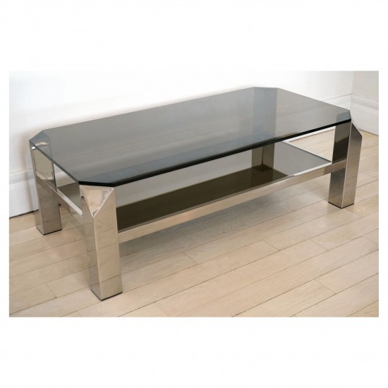 Two Tiered Chrome and Gray Glass Coffee Table