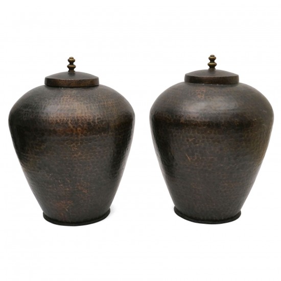 Large Hammered Patinated Brass Urns with Lids