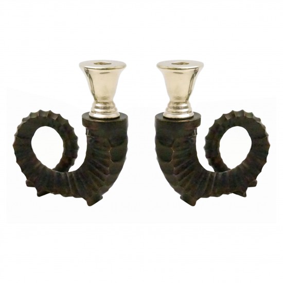 Pair of Cast Bronze and Silver Plated Brass Ram’s Horn Candle Holders