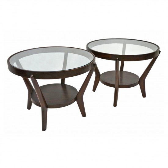 Pair of Round Oak Side Tables by Halabala