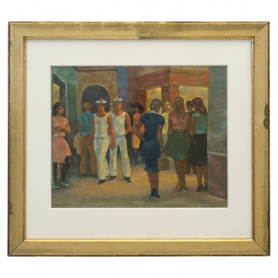 French Painting of Crowd at Cinema, Oil on Board