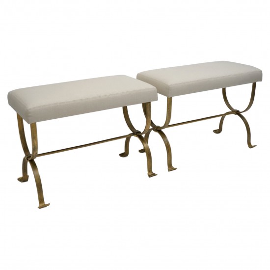 Pair of Gilt Iron Benches with Upholstered Seats