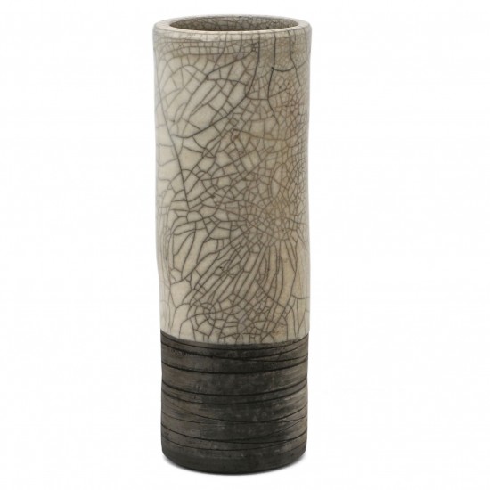 Cylindrical Raku Fired Crackle Glazed Vase