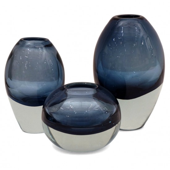 Set of 3 Molded Blue Glass Vases