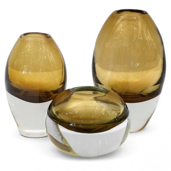 Set of 3 Molded Cognac Color Glass Vases