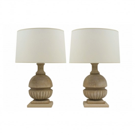 Pair of Bleached Wood Lamps with Reeded Detail