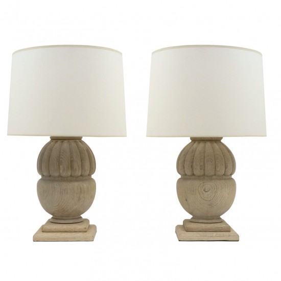 Pair of Bleached Wood Lamps with Gadrooned Details