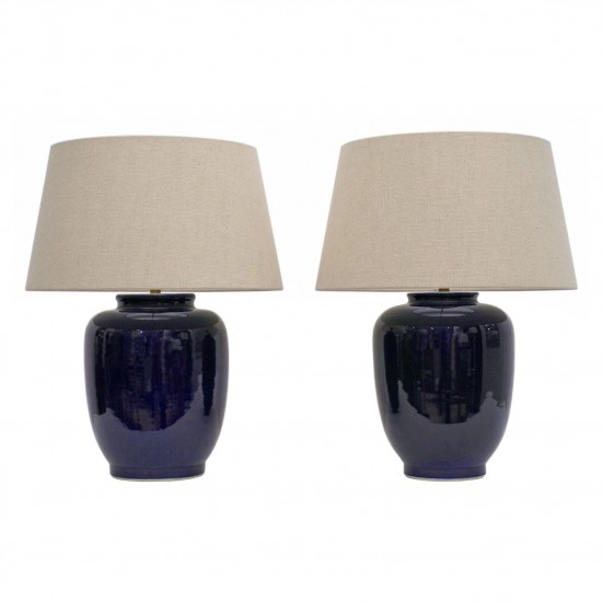 Pair of Dark Royal Blue Stoneware Table Lamps